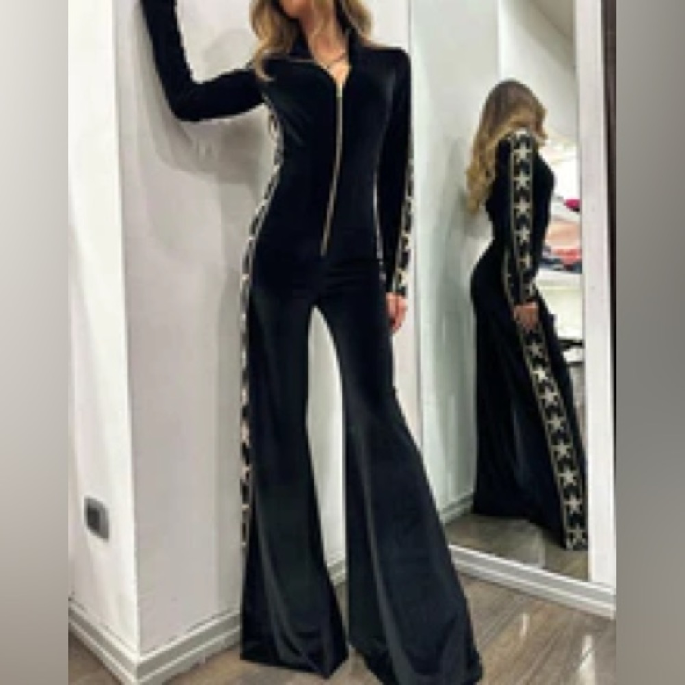 Long-sleeved velvet star jumpsuit